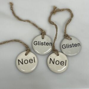 4 Ceramic Ornaments Noel Glisten White Round Christmas Holiday Farmhouse Rustic